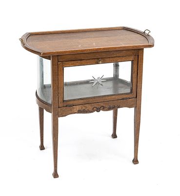 Tea cabinet, circa 1930, oak, body glazed on all sides with a hinged door, removable tray, 76 x 