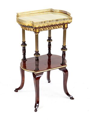 French side table, 19th century, mahogany with decorative brass trim, onyx top, 80 x 48 x 34 cm