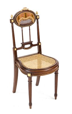 Ladies’ salon chair, circa 1900, walnut, curved seat with cane, brass accents, 95 x 42 x 44 cm
