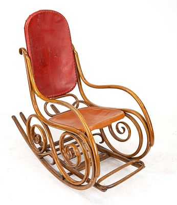 Rocking chair, likely Thonet, circa 1900, bent beech wood with footrest, temporary upholstery 