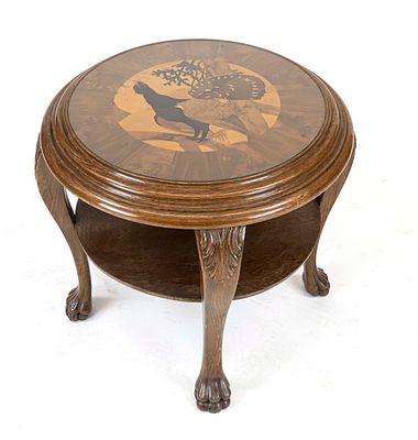 Smoking/side table, circa 1930, solid oak, top inlaid with walnut and other precious woods 