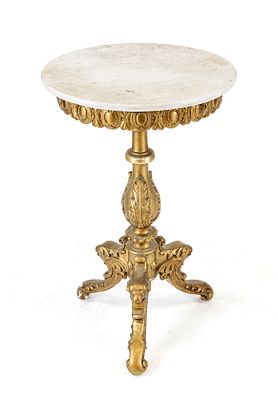 Side table, 19th century, wood with stucco and gilding, white marble top, H. 80 cm, D. 50 cm