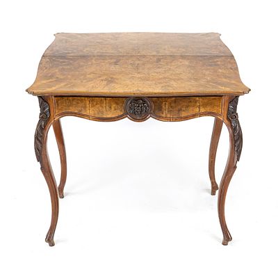 Console/game table, circa 1860, burl walnut, curved legs with matching folding top, 77 x 87 x 