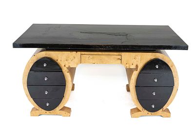 Men’s writing desk in Art Deco style, late 20th century, burl maple and black-lacquered wood 