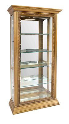 Decorative display cabinet, 20th century, three-sided glass-fronted body with a gold-bronze 