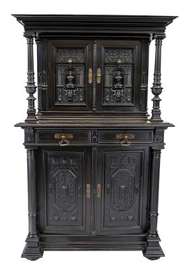 Gr&uuml;nderzeit sideboard, circa 1880, ebonized hardwood, rich carved decoration on the front 