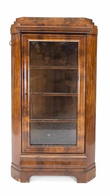 Biedermeier corner cabinet, circa 1840, mahogany, single-door glass-fronted body, three glass 