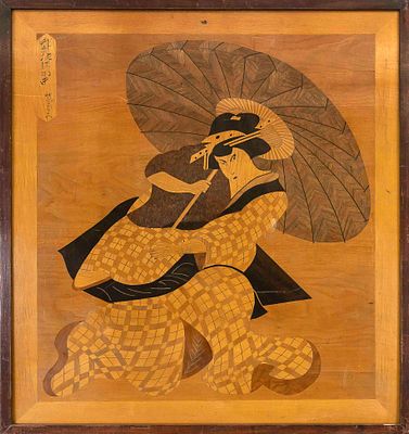 Inlay panel depicting a geisha, Japan, first half of the 20th century, various woods, marked 