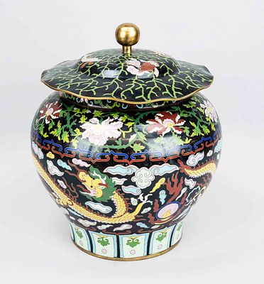 Large cloisonn&eacute; lidded pot, China, 20th century. Bulbous body with yellow dragons and peony 