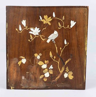 Shibayama-style wood panel, Japan, ca. 1900 (Meiji). Finely grained hardwood with 