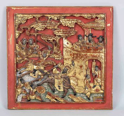Carved panel, China, ca. 1900 (late Qing), wood, red lacquered and partially gilded. 