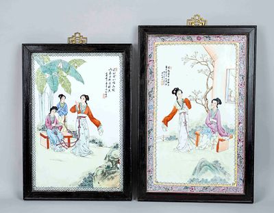 2 porcelain paintings, China, 20th century, both depicting court ladies in a garden, each with 