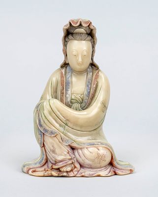 Guanyin, China, 20th century, soapstone, partially painted and decorated with fine incised 