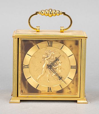 Imhof table clock, ca. 1970, solid brass, sanded, polished, and gilded, top-mounted handle 