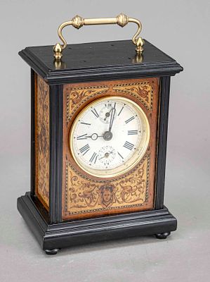 Alarm clock circa 1890, ebonized wood, top-mounted handle, painted inlays on three sides 