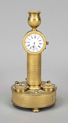 Table clock with inkwell and candlestick, 2nd half of the 19th century, brass base with diamond 