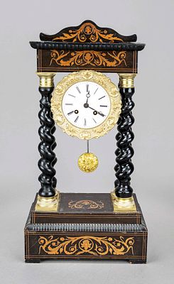 Portal clock in walnut and ebonized wood, 2nd half of the 19th century, with turned spiral 