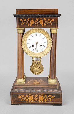 Portal clock, France, 2nd half of the 19th century, walnut with double thread inlay and floral 