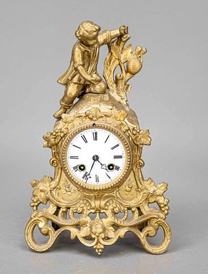 Mantel clock, 2nd half of the 19th century, white cast iron with gold plating, decorated with 