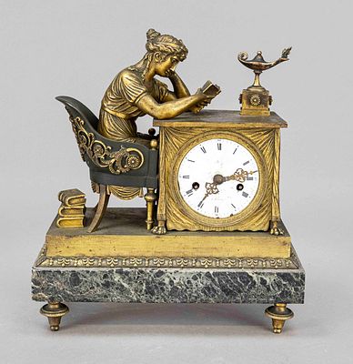 Figurative pendulum clock, France, 1st half of the 19th century, bronze with multicolored 