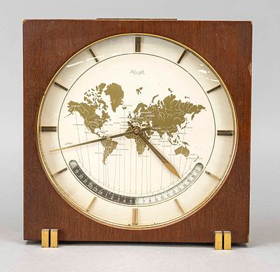 Kienzle table clock, mahogany, world time clock, circa 1960, with dedication plaque, on gilded 