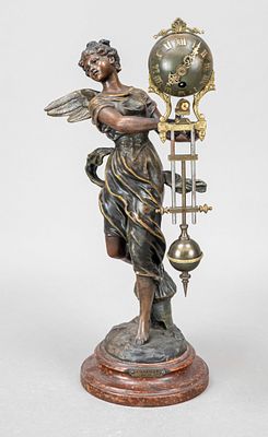 Mysterious figure, angel with pendulum clock, multicolored burnished white cast metal, marked 