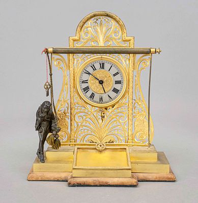 Art Nouveau night clock, circa 1890, gilt yellow cast metal, a harlequin operates the curtain 