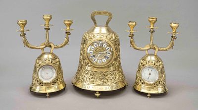 3-piece clock set, bell-shaped, 2nd half of the 19th century, solid yellow cast iron, richly 