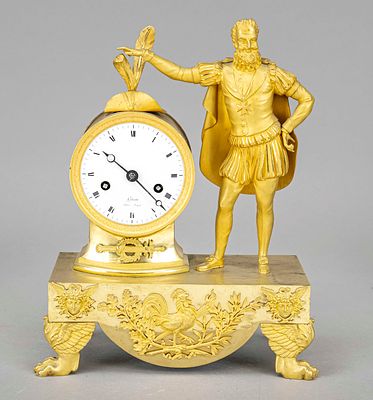 Empire-style figure pendulum clock, France, ca. 1810, polished and satin-finished gilded bronze 