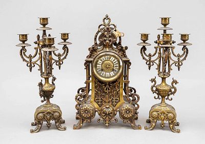Historicism - clock set, 2nd half of the 19th century, patinated yellow cast iron, domed glass 