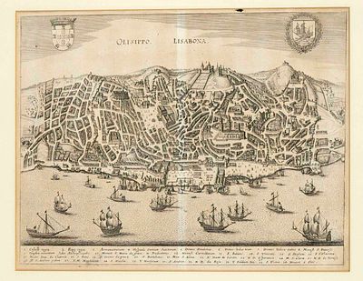 Historical view of Lisbon (Merian), “Olisippo Lisabona,” general view of the city before its 