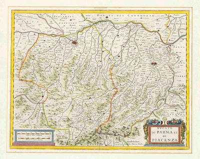 Historical map of Parma and Piacenza, ''Ducato di Parma et di Piacenza'', partially colored 