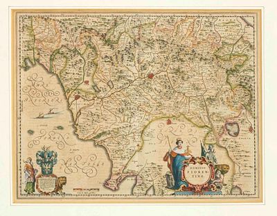 Historical map of Tuscany, ''Dominio Fiorentino'', decorative, partially colored Copperplate 