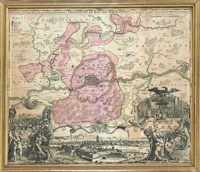 Historical map of Frankfurt am Main with a perspective view and figurative cartouches 