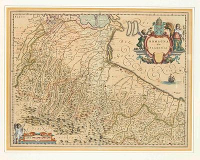 Historical map of Emilia-Romagna, ''Romagna olim Flaminia''. Partially colored copperplate map 