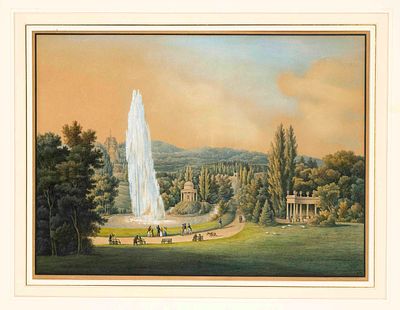 Anonymous artist, ca. 1830, the fountain at Wilhelmsh&ouml;he near Kassel; outline etching with fine 
