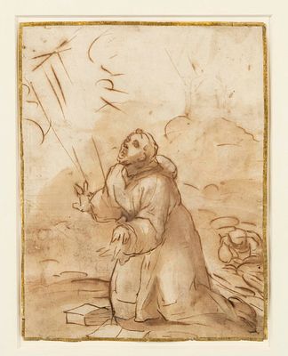 Italian artist, c. 1600, St. Francis Receiving the Stigmata, brown wash pen-and-ink drawing on 