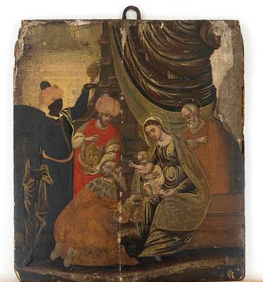 17th-century Italian painter, Adoration of the Magi, tempera on wood panel, heavily bumped at 