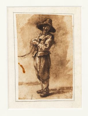 Spanish or French, 17th century, Young fisherman knotting a net, brush drawing in brown on 