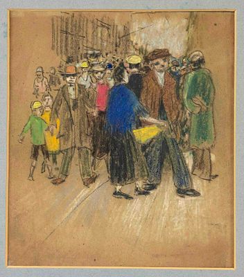 Unknown artist, first half of the 20th century, street scene with a densely packed crowd in an 