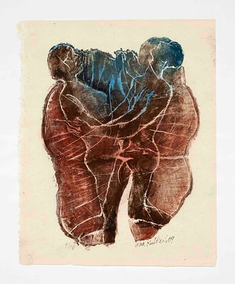 Eva Kub&iacute;nov&aacute; (1925–2018), Czech artist, “Lovers,” woodcut on Japanese paper, signed and dated 