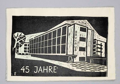 Bauhaus -- Monogramist PK, ca. 1970, linocut on fabric depicting the Bauhaus in Dessau on its 
