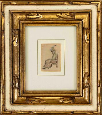 Heinrich Zille (1858–1929), seated woman with hat in profile, small colored chalk drawing on 