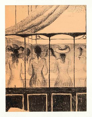 Paul Delvaux (1897–1994), Belgian Surrealist, figurative scene, lithograph on apricot-colored 