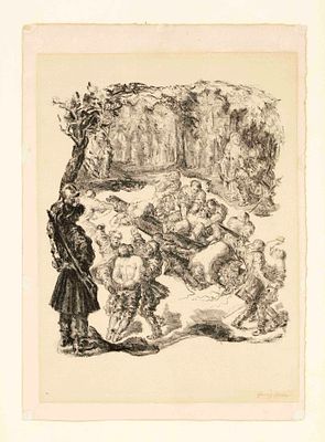 Unidentified artist, circa 1920, torture scene in a forest clearing, lithograph on vellum 