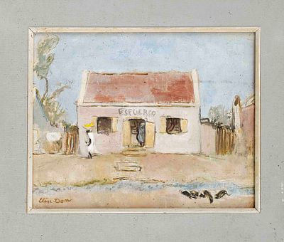 Elise Dom (1913–2021), Belgian artist, view of a house with the inscription “Esfuerzo,” oil on 