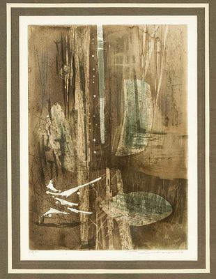 Ren&eacute;e Lubarow (1923–2017), French artist, abstract composition, color aquatint etching, signed 