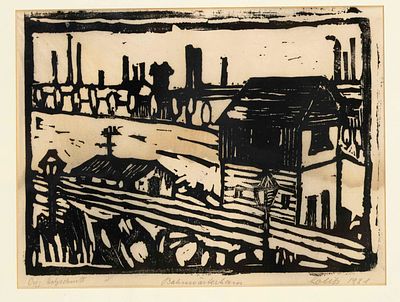 Unknown graphic artist, circa 1920, ''Bahnw&auml;rterhaus'', woodcut on paper, indistinctly signed 