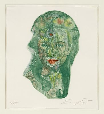 Ernst Fuchs (1930–2015), two etchings, Head, color variations of the same motif, color etchings 