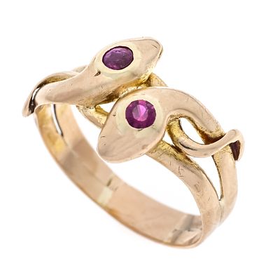 Snake Ring GG 585/000 with 2 round-faceted rubies, 2.7 mm, red, transparent, slightly chipped 